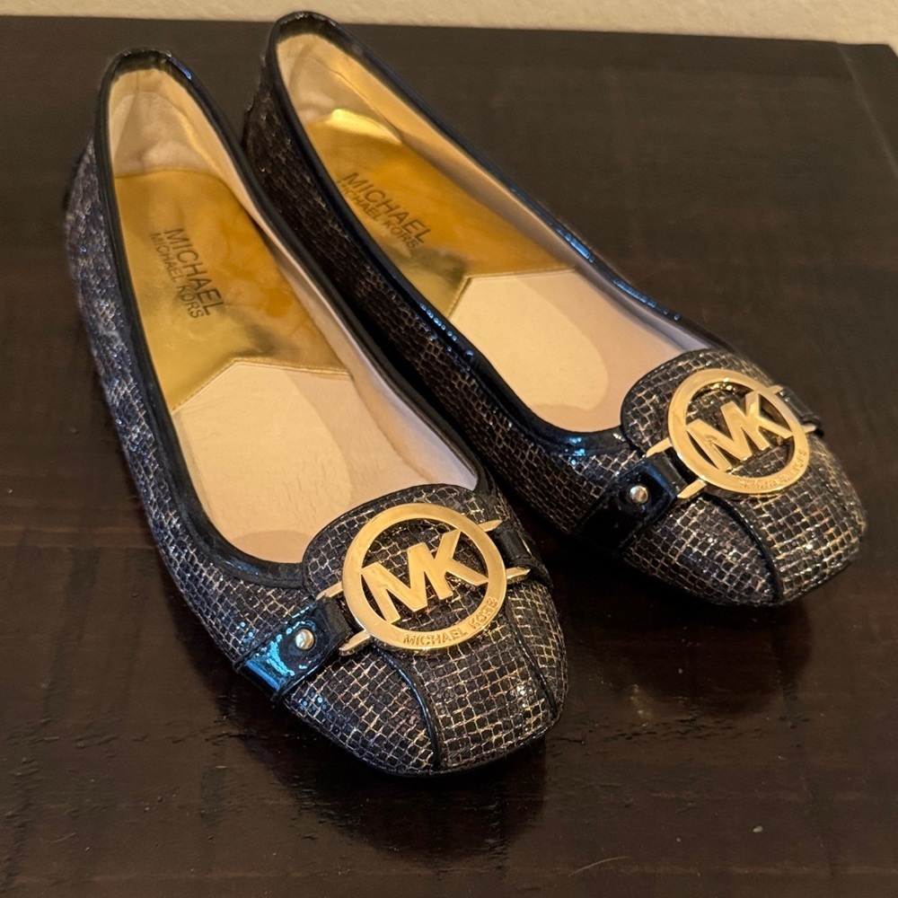 Michael Kors Black Textured Logo Ballet Flats